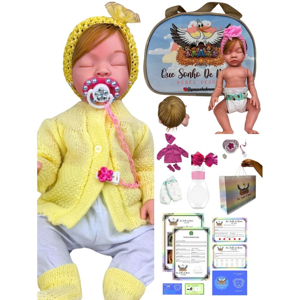 Bebê reborn boneca menina realista silicone olhos fechados loira + acessorios AM