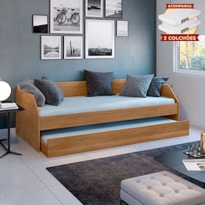 Bicama Solteiro Duo Com Cama Auxiliar Em Mdf Premium Amendoa Com 2 Colchões