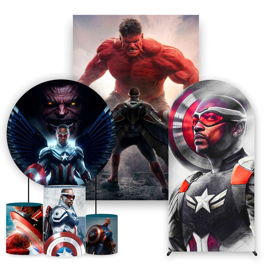Kit Painel de Festa Redondo, Trio de Cilindros, Painel Lateral e Romano Novo Capitão América - Fera Print