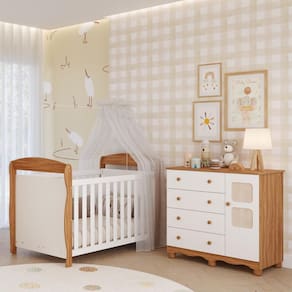Quarto de Bebê Completo Berço Americano Marquesa 3 em 1 Cômoda 1 Porta 4 Gavetas Telinha 100% MDF