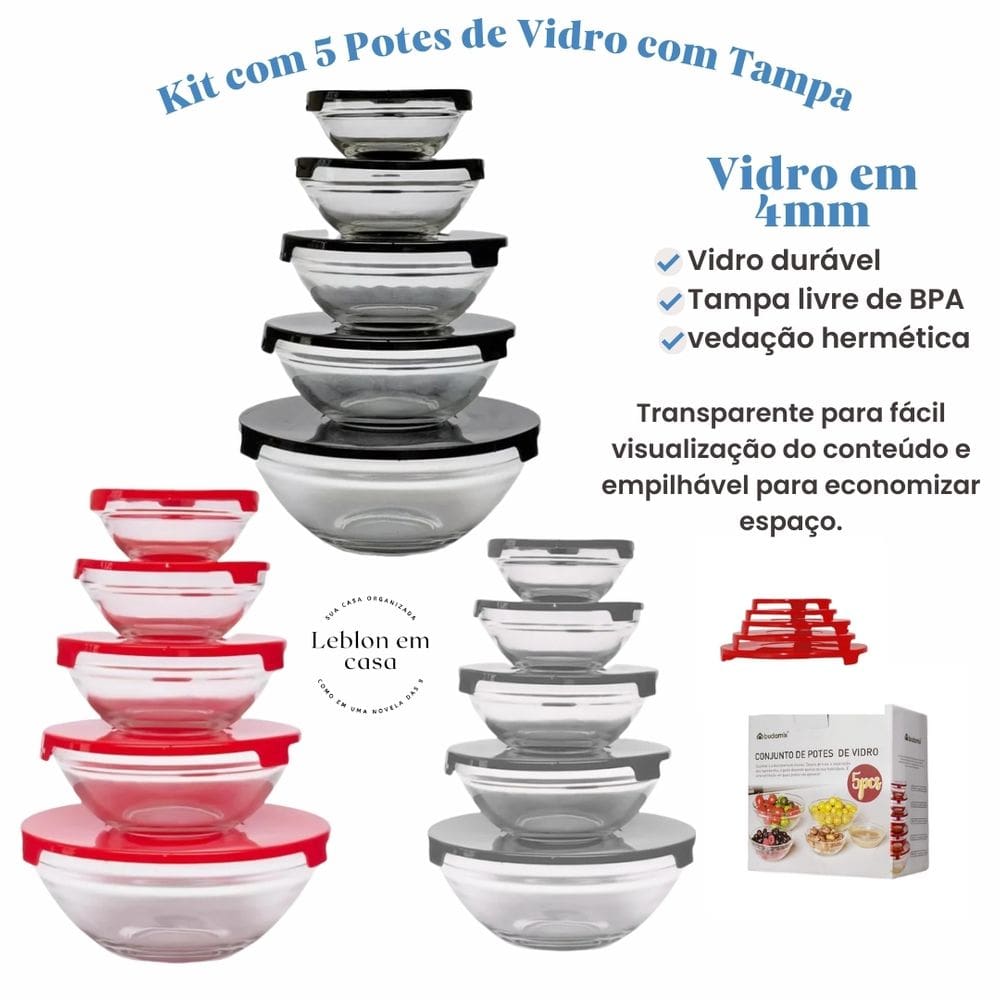 Conjunto com 5 Potes de Vidro com Tampa - Praticidade e Funcionalidade em um Produto