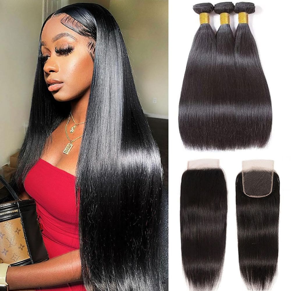 Pacotes de cabelo com fecho Wowqueen Beauty 10A Straight 30cm 35cm 40cm