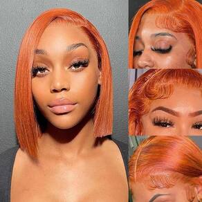 Peruca amzhair Ginger Orange Bob 40 cm de cabelo humano com renda frontal