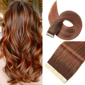 Fita adesiva em extensões de cabelo YNSNR Chocolate Brown to Auburn 50cm
