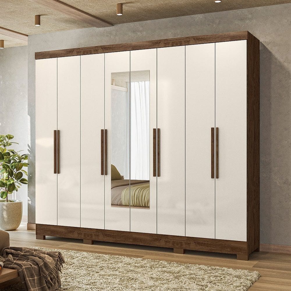 Guarda-roupa Casal com Espelhos 8 Portas 4 Gavetas e Pés Diplomata Castanho/Baunilha