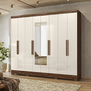 Guarda-roupa Casal com Espelhos 8 Portas 4 Gavetas e Pés Diplomata Castanho/Baunilha