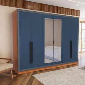Guarda Roupa 6 Portas e 4 Gavetas com Espelho Valência Freijó/Azul