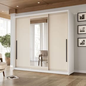 Guarda-roupa 3 Portas de Correr 4 Gavetas com Espelho Valência Branco/Creme