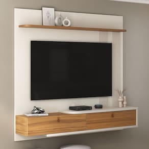 Painel para Tv de 65 Polegadas e com Detalhe Canelado e Cantos Arredondados Off White/Freijó