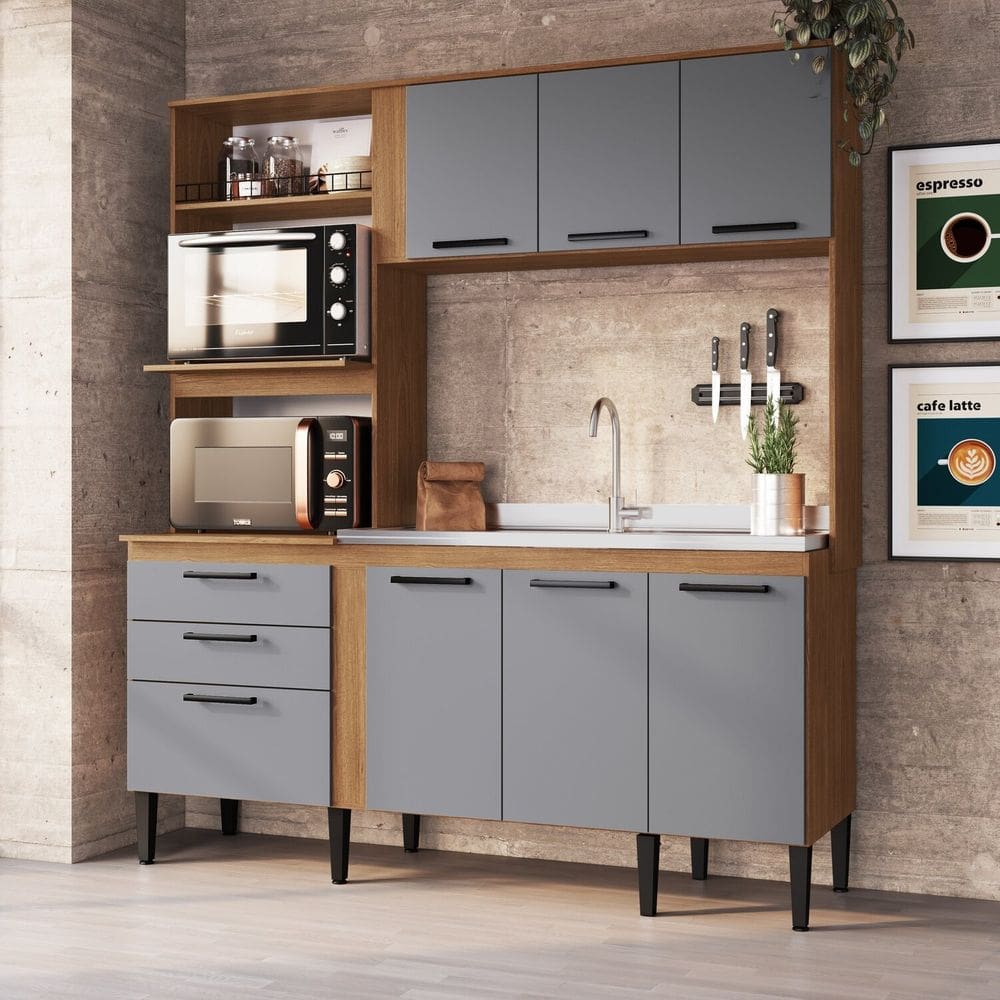 Cozinha Compacta 208x185x54 Cm Sophia Freijó/Cinza