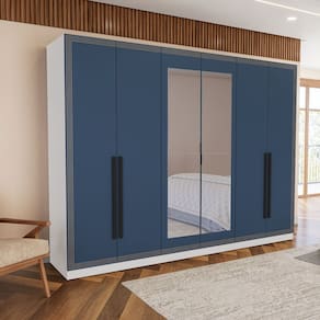 Guarda Roupa 6 Portas e 4 Gavetas com Espelho Valência Branco/Azul