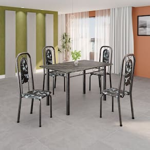 Conjunto de Mesa Tubular 120cm X 75cm Tampo Ardósia Indiano com 4 Cadeiras Lara Preto/Prata