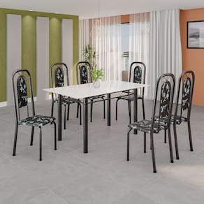 Conjunto de Mesa Tubular 140cm X 75cm Tampo Vidro Incolor com 6 Cadeiras Lara Preto/Prata
