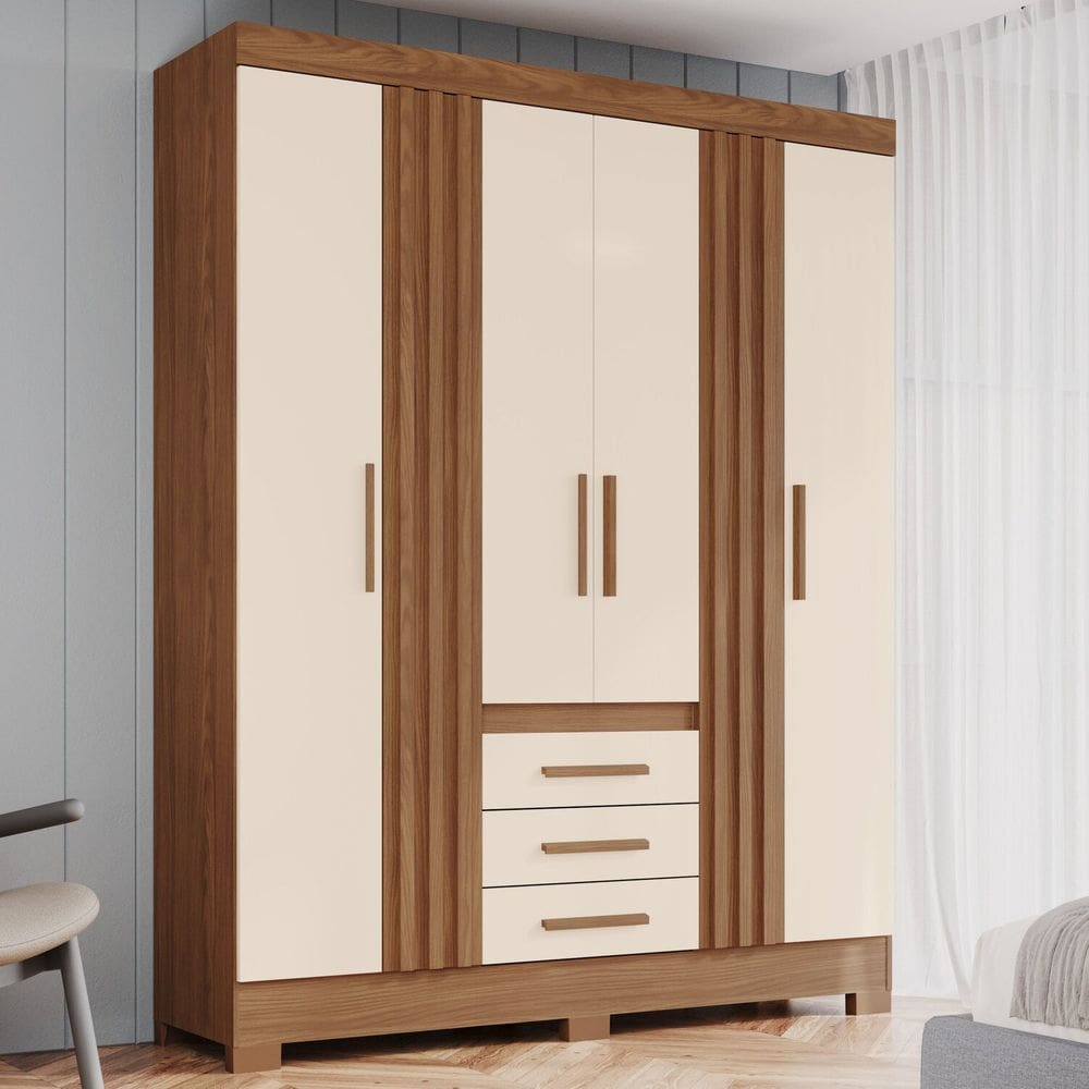 Guarda Roupa Master 4 Portas 3 Gavetas com Pés em Abs Marrom/Off White