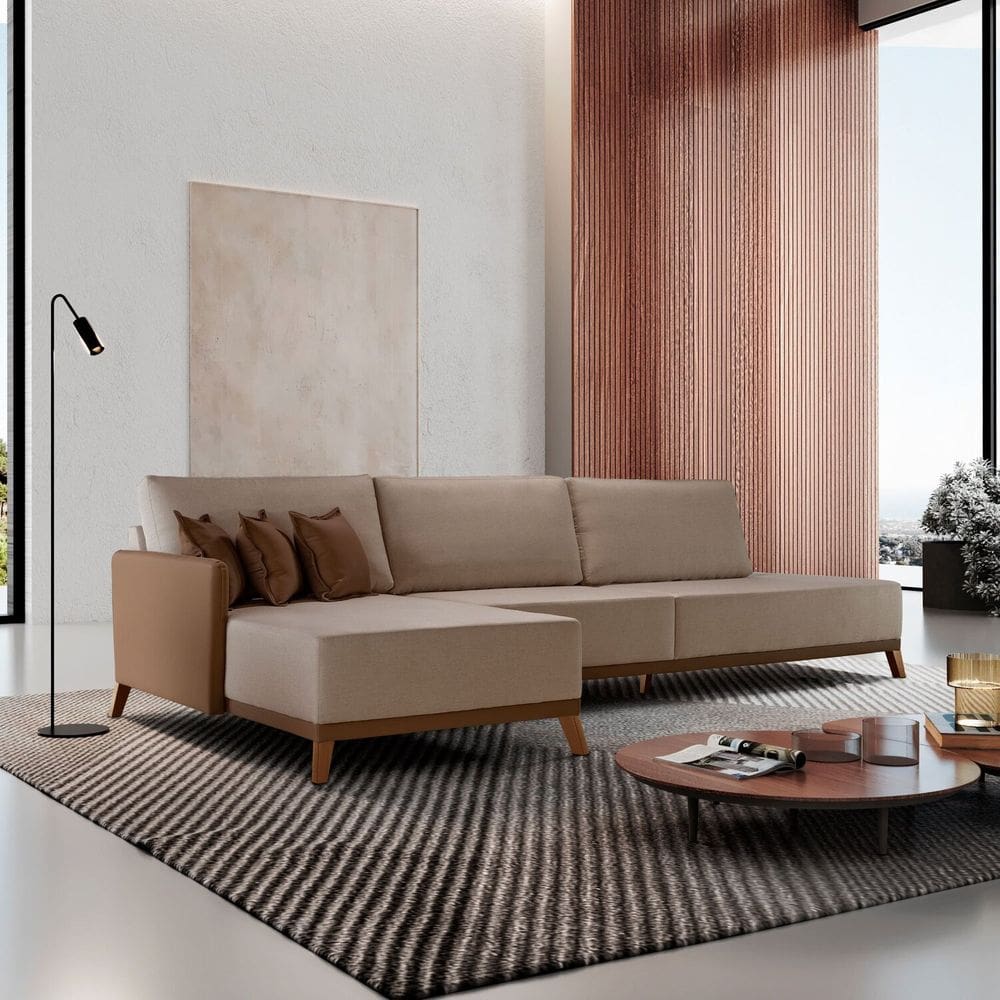 Sofá Versalhes com Chaise 280cm com Detalhes em Courino Bege