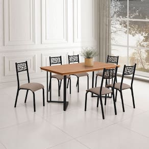 Conjunto Sala de Jantar Industrial Michigan 1,60 Tampo Castanho com 6 Cadeiras Jasmin Assento Bege