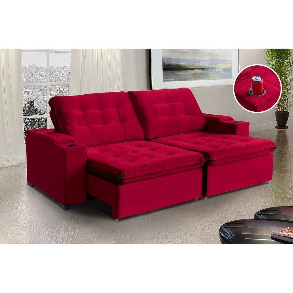 Sofá Londres Com Porta Copo 4 Lugares 2,00mt - De Casa Décor Estofados Vermelho