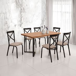 Conjunto Sala de Jantar Industrial Michigan 1,60 Tampo Castanho com 6 Cadeiras Karen Assento Bege