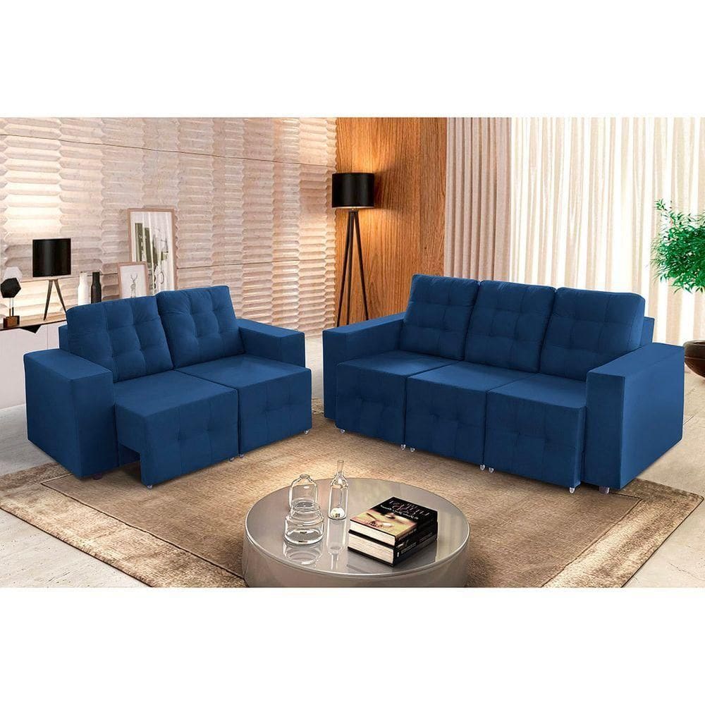 Sofá Veneza 5 Lugares, Conjunto 3e2 - Retrátil - De Casa Décor E Estofados Azul