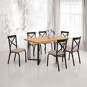 Conjunto Sala de Jantar Industrial Michigan 1,60 Tampo Imbuia com 6 Cadeiras Karen Assento Bege