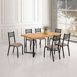 Conjunto Sala de Jantar Industrial Michigan 1,60 Tampo Imbuia com 6 Cadeiras Jasmin Assento Bege