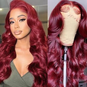 Perucas frontais de renda Dochuman 99J Burgundy Body Wave 55cm