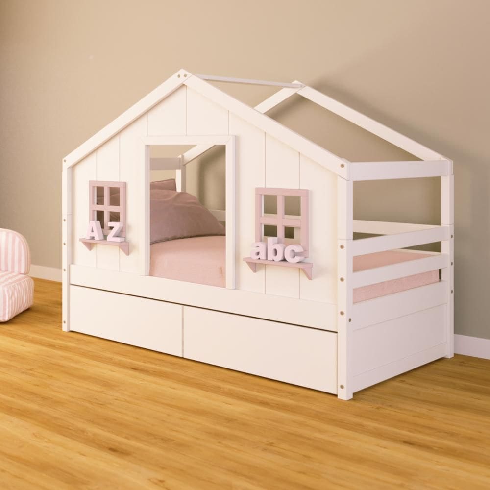 Cama Casinha dos Sonhos com 02 Gavetas Madeira Maciça Branco/ Rosa Housin