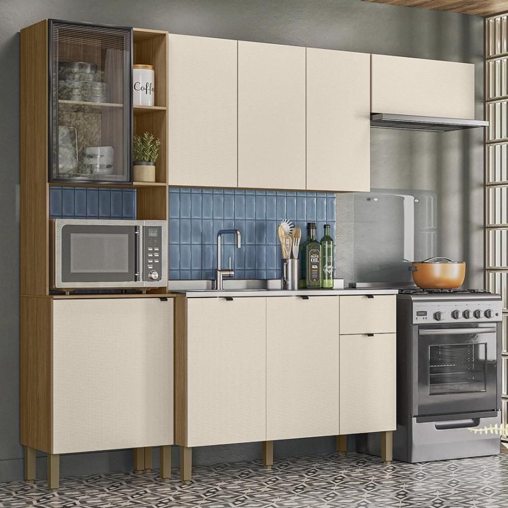 Armário De Cozinha Completa Com Balcão Para Pia Mdf 9 Portas Plus Freijó-soft