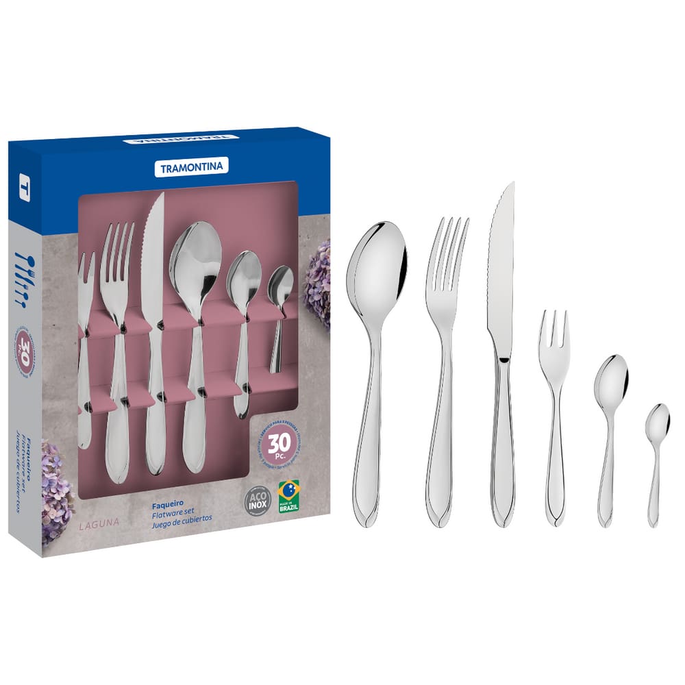 Faqueiro Tramontina Inox Completo 30 peças Laguna Jogo de Talheres Serve 5 Pessoas com Desenho no Cabo