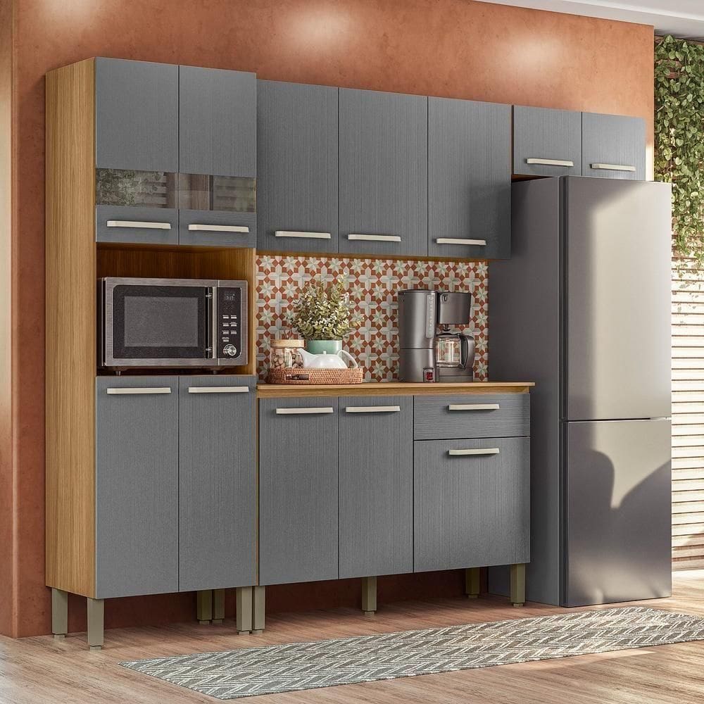 Armário De Cozinha Completa Mdf 12 Portas Com Balcão Versalhes Plus Freijó-gris