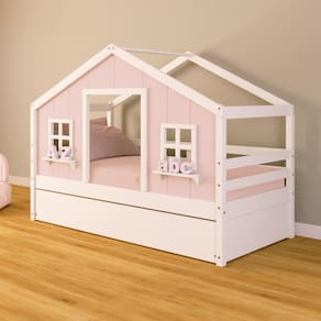 Bicama Casinha dos Sonhos Madeira Maciça Rosa/ Branco Housin