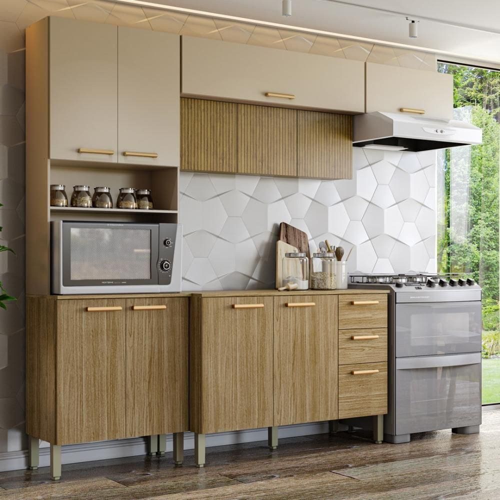Armário De Cozinha Completa Com Balcão Com Tampo 12 Portas Urbane Freijó-vanilla-com Ripado