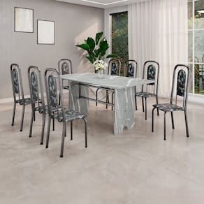 Conjunto de Mesa Tubular 180cm X 75cm Tampo Granito Topázio com 8 Cadeiras Lara Preto/Prata