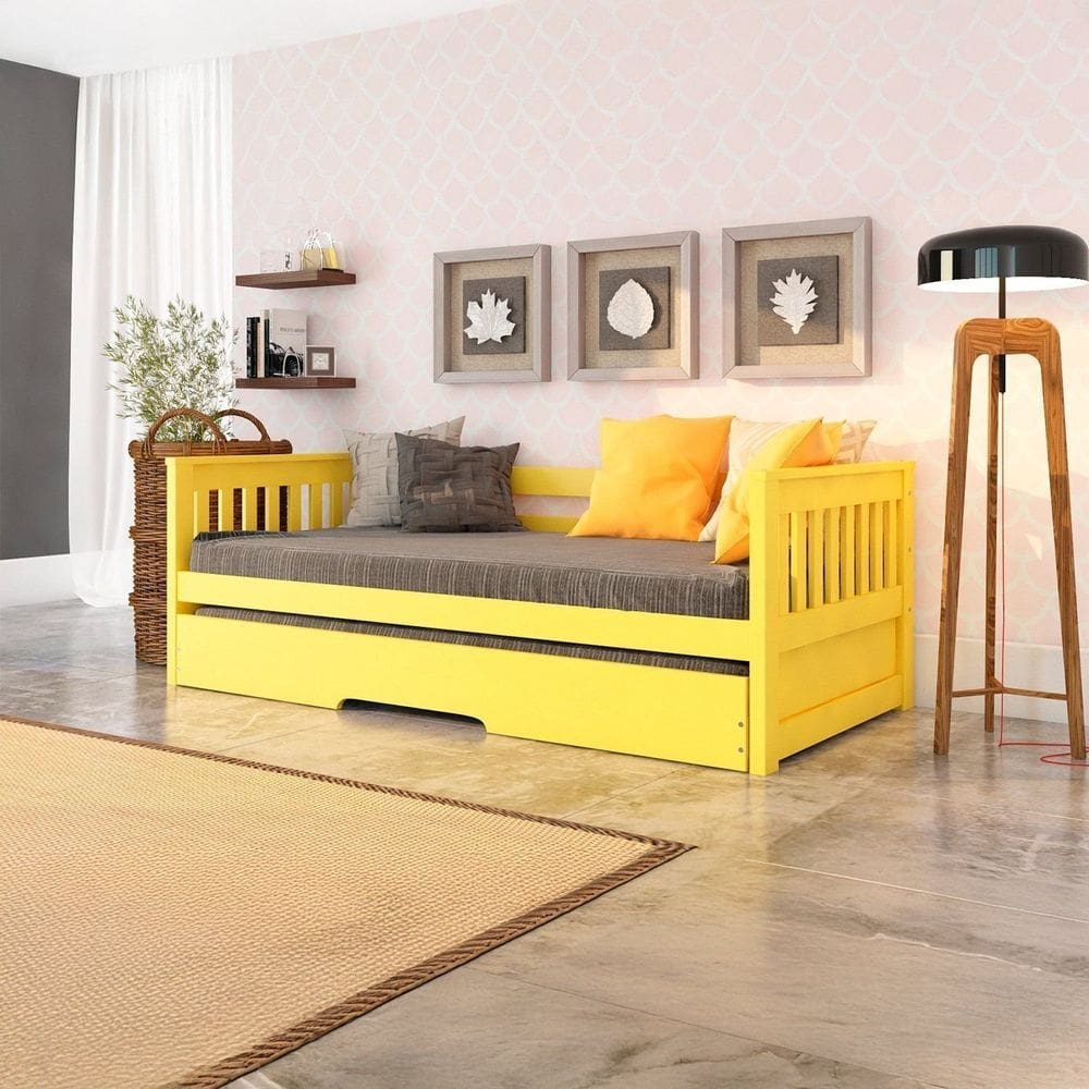 Bicama Solteiro Mission Estilo Sofá em Madeira Maciça/mdf Amarelo
