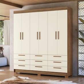 Guarda-roupa 6 Portas 9 Gavetas com Espelho Mdp Colombo Jatobá/ Areia