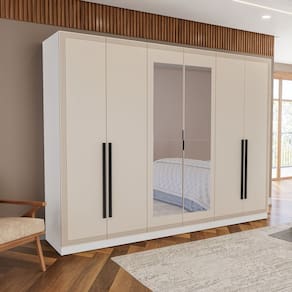 Guarda Roupa 6 Portas e 4 Gavetas com Espelho Valência Branco/Creme