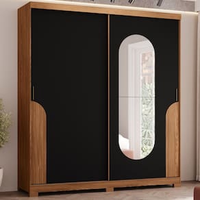 Guarda Roupa 2 Portas Deslizantes 3 Gavetas Detalhes e Espelho com Cantos Arredondados Alonzo Espres Marrom/Preto