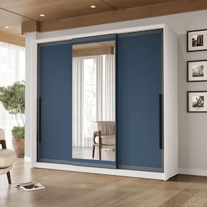 Guarda-roupa 3 Portas de Correr 4 Gavetas com Espelho Valência Branco/Azul