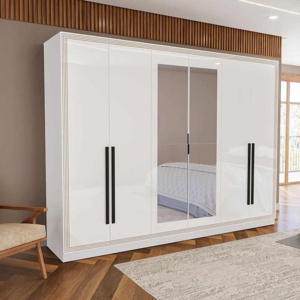 Guarda Roupa 6 Portas e 4 Gavetas com Espelho Valência Branco