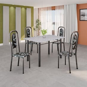 Conjunto de Mesa Tubular 120cm X 75cm Tampo Granito Ocre com 4 Cadeiras Lara Preto Floral/ Mart Prata