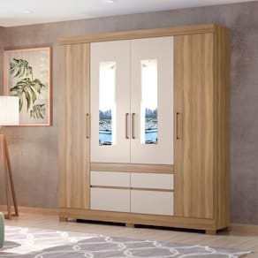 Guarda Roupa Casal 4 Portas Com Espelho E 4 Gavetas Bilbao Amêndola Touch-off White