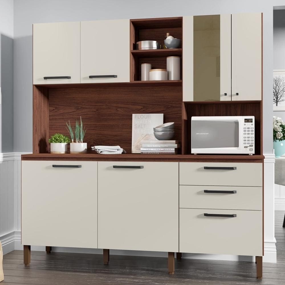 Armario De Cozinha Compacta 7 Portas 2 Gavetas Nogueira-off White