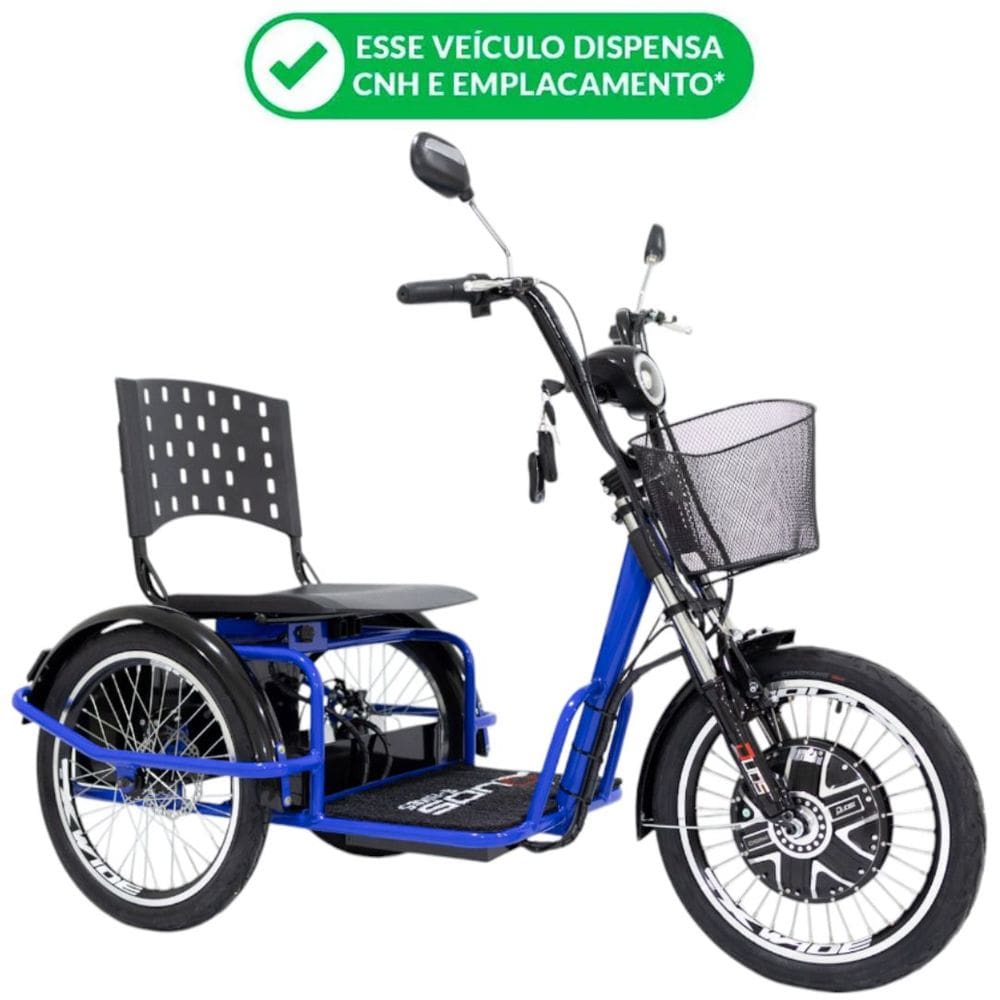 Triciclo Elétrico 800W Ré Farol Retrovisor Alarme Fox Azul - Não precisa de CNH