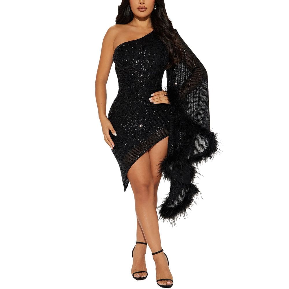 Minivestido PORRCEY Sexy Sparkly Sparkly Sequins One Shoulder Preto