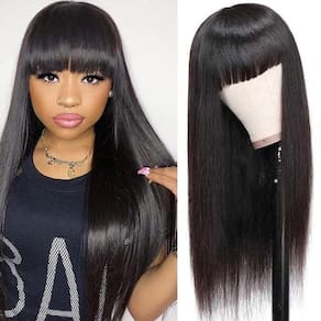 Perucas Abijale, cabelo humano liso com franja, 180% de densidade, 16 polegadas