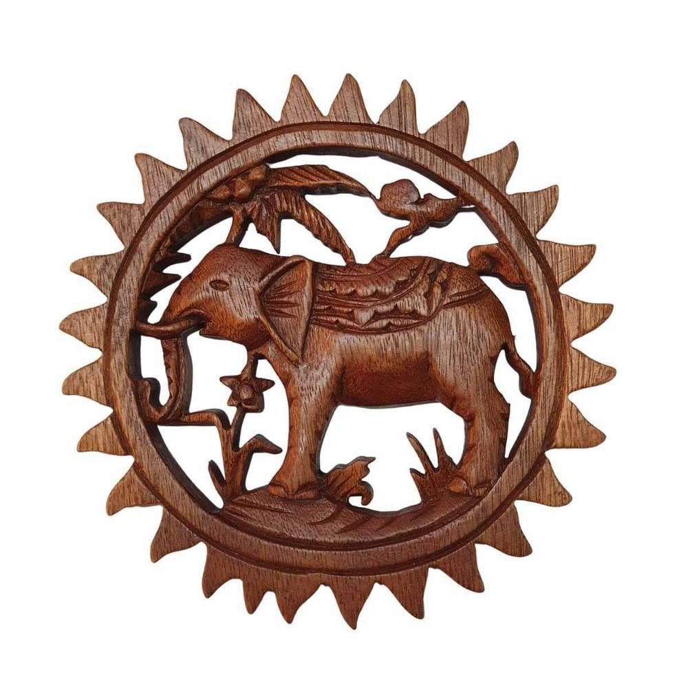 Mandala Elefante E Sol Madeira Suar 20Cm