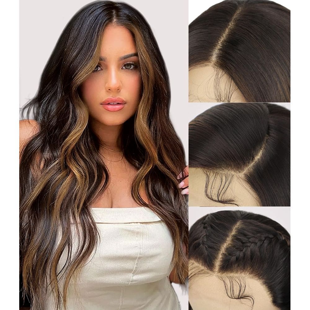 Peruca frontal de renda SISICLOUD marrom escuro, loira ombre, 66 cm de comprimento