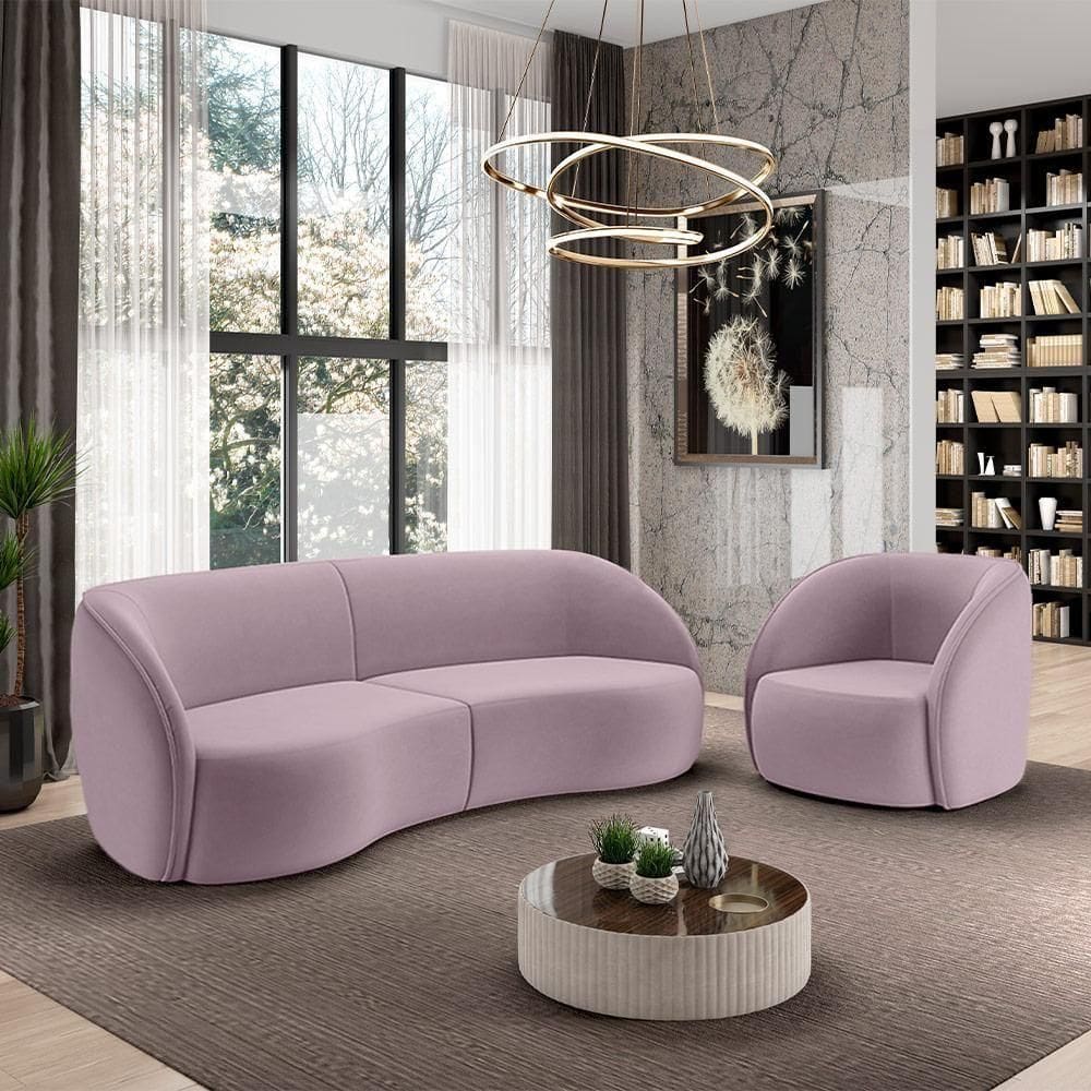 Conjunto Sofá Sala De Estar Bipartido 288cm E Poltrona Clarke Veludo Rosê G45 - Gran Belo