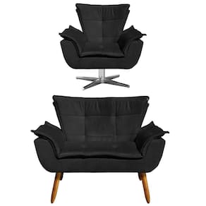 Kit Namoradeira 2 Lugares E 1 Poltrona Decorativa Giratória Cromada Opla Suede Preto - Ibiza