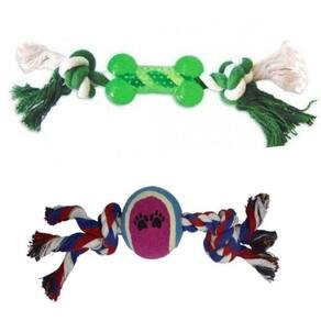 Kit 2 Brinquedos De Corda Com Ossinho E Bola Tênis Para Cães